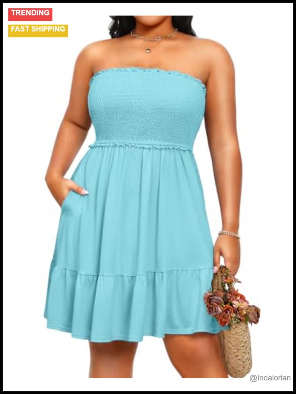 Plus Size Strapless Swim Cover Up Dress Bandeau Ruffle Hem Side Pockets